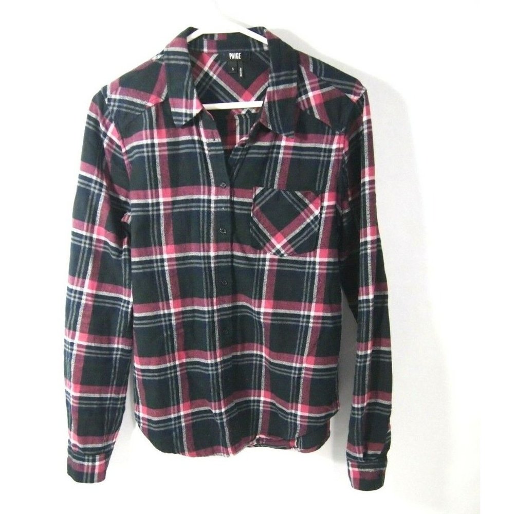 Paige Womens Top Shirt S Flannel Plaid Navy Blue Pink Long Sleeve Button Collar - Picture 1 of 5